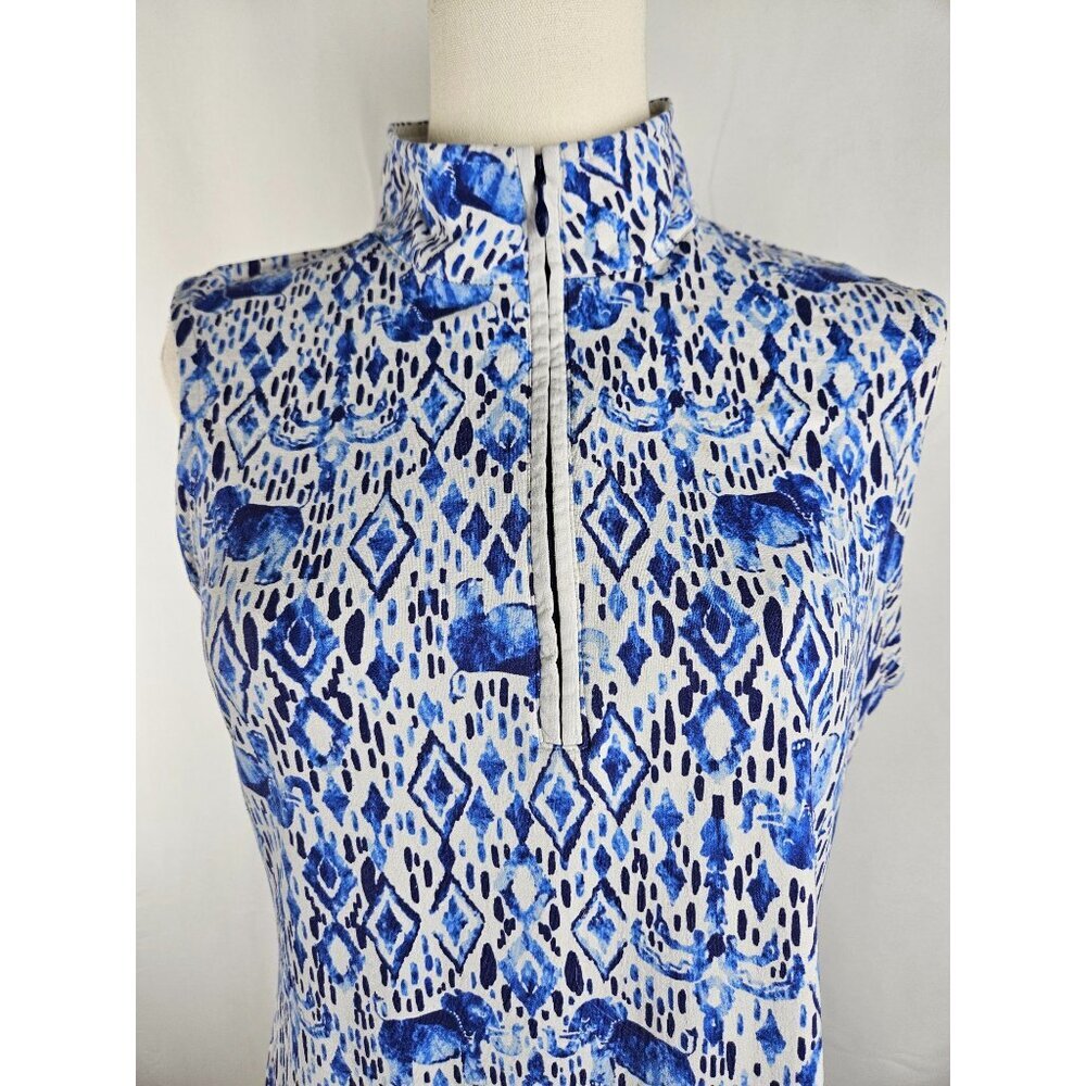 IBKUL Dress Medium Sleeveless Mock Zip Neck Elephant Print Blue UPF50 Resortwear - Picture 11 of 11